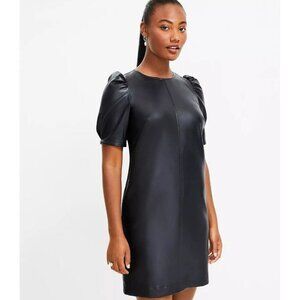 Loft Faux Leather Ruched Sleeve Shift Dress Size Medium Regular Black